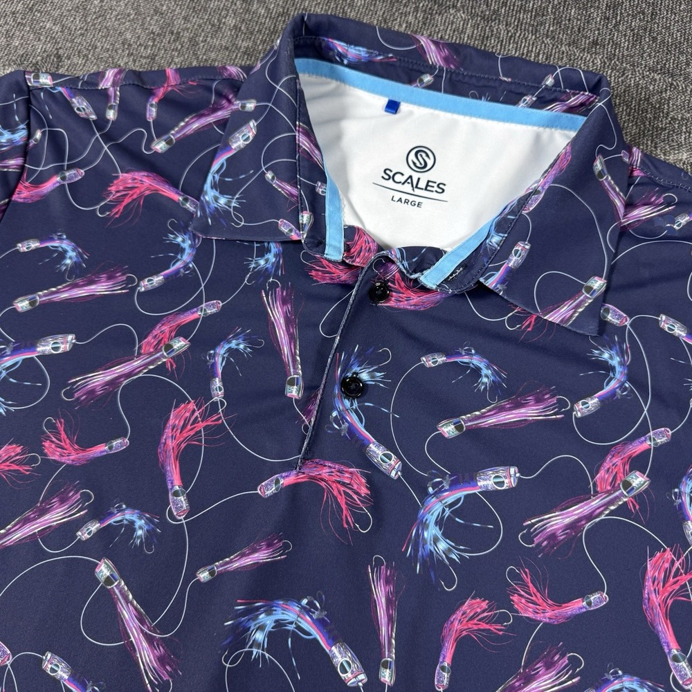 Scales Polo‎ Shirt Mens L Fishing Lure Print Performance Stretch Golf Activewear